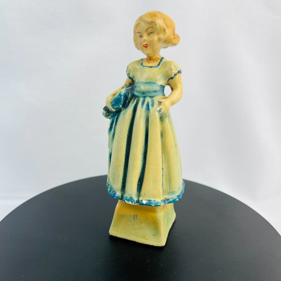 Carnival Chalkware Antique Girl Figurine Green Blue Dress Art Deco 1920s 6” - Picture 8 of 8